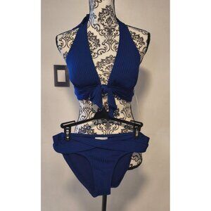 Robin Piccone Blue Ribbed Bikini Set Halter V Neck Mid Rise Sz M